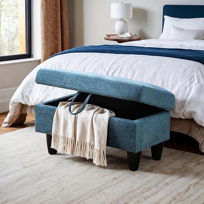 Ottoman Rectangular Storage Ottoman Bench, Flannel Footrest Stool Footstool with Lid for Living Room, Bedroom, Entryway, Light Blue, 28.5"x19"x17.5"-Ruum Studio Home
