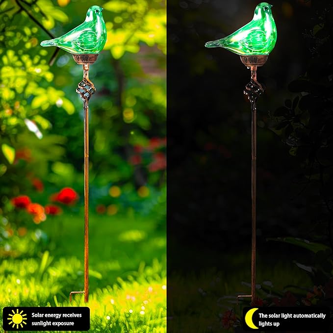 Decorative Solar Lights Outdoor Solar Bird Stake Lights Hand Blown Glass Decorative Garden Pathway Lights Outdoor Waterproof Glass Stakes (Green)-Ruum Studio Home