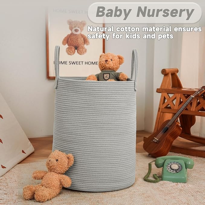 Large Woven Laundry Basket Hamper,60L Cotton Rope Storage Bin for Blankets,Toys and Clothes,Decorative Tall Nursery Hamper for Living Room,Baby Nursery,Bathroom and Bedroom,Grey-Ruum Studio Home
