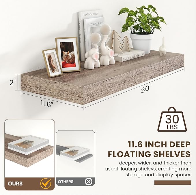 Deep Floating Shelves for Wall | 30 Inch Wide x 12 Inch Deep Floating Shelves | 30W x 12D Rustic Grey Wood Wide Wall Shelves | Bookshelf Laundry Shelf TV Shelf-Ruum Studio Home