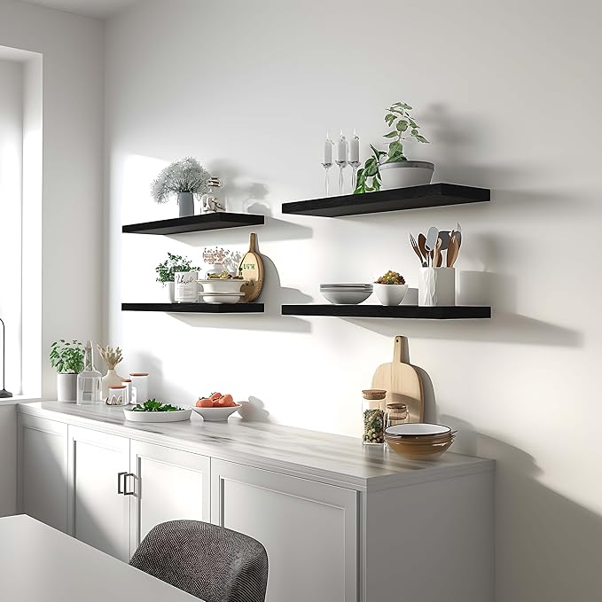 Black Wood Floating Shelves for Wall Rustic Wall Shelves for Bedroom Set of 6-Ruum Studio Home