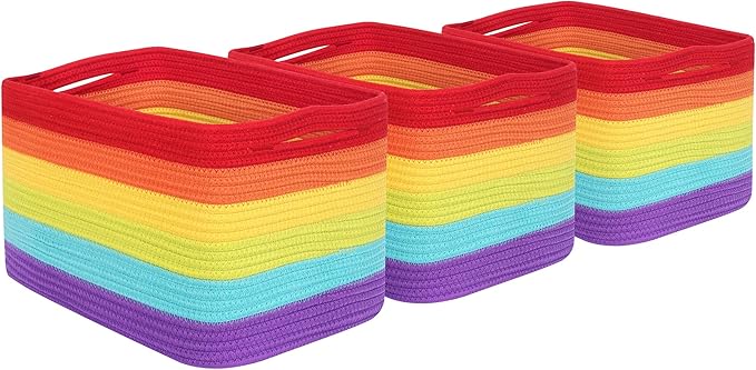 MINTWOOD Design 3-Pack Storage Baskets for Shelves, Playroom and Classroom, Book Basket, Decorative Storage Cube Bins, Woven Closet Organizers, Pantry and Shoe Organizer, Rainbow-Ruum Studio Home