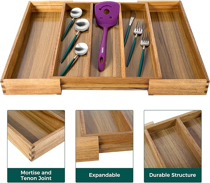 Utoplike Acacia Kitchen Drawer Organizer Expandable, Large Utensils and Cutlery Tray, Adjustable Silverware Divider for Knives Flatware-Ruum Studio Home
