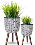 2 Set Plant Pot with Stand 10 & 12 inches, Mid-Century Large Planter with Legs for Indoor Plants, Boho Print Standing Plant Pot with Drainage Plug for Monstera, Herb, Succulent Flower Pot-Ruum Studio Home