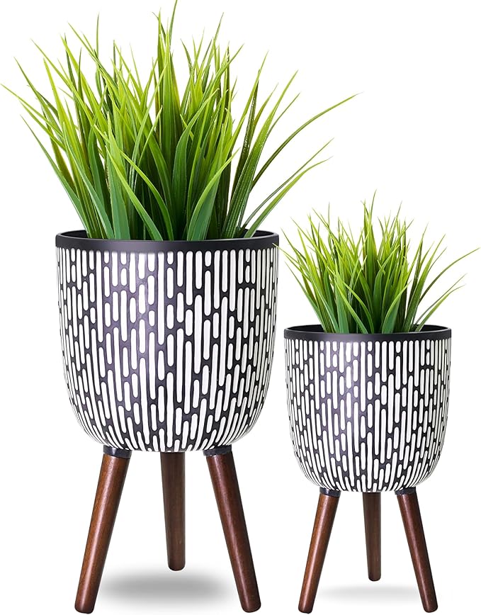 2 Set Plant Pot with Stand 10 & 12 inches, Mid-Century Large Planter with Legs for Indoor Plants, Boho Print Standing Plant Pot with Drainage Plug for Monstera, Herb, Succulent Flower Pot-Ruum Studio Home