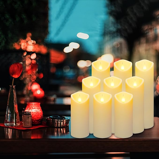 Aignis 9pcs Flameless LED Candles Battery Operated with 10-Key Remote & Timer, Indoor Heat Resistant, 3D Wick with Warm Flickering Glow for Cozy Home/Wedding/Holiday Décor (D 2.2" x H 5"/6"/7")-Ruum Studio Home