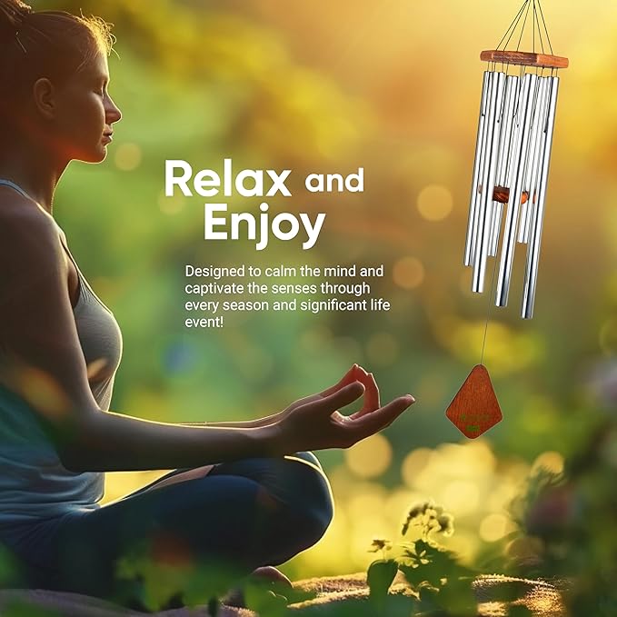 Nature’s Melody Premiere Grande Tunes Wind Chimes – Outdoor Windchime with 6 Tubes Tuned to E Pentatonic Scale, Rustproof Aluminum, Beech Wood & S Hook Hanger for Sympathy, Memorial Gift or Zen Garden-Ruum Studio Home