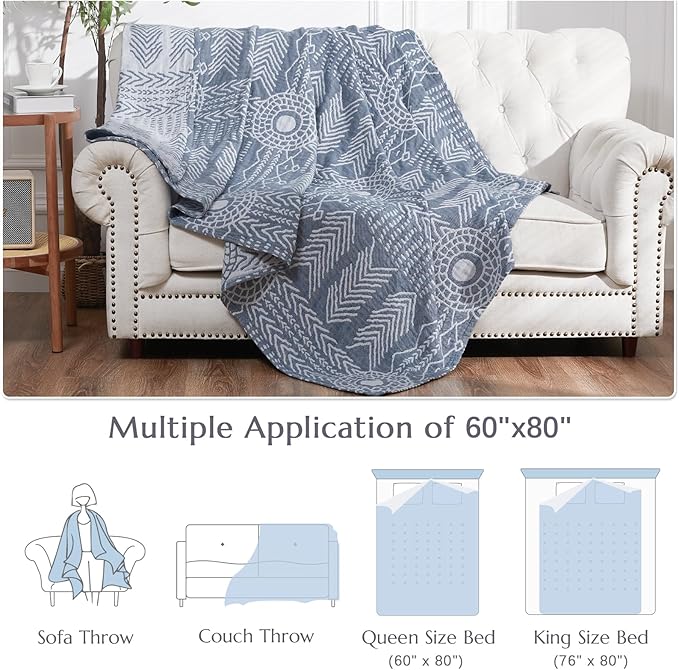 JINCHAN Boho 100% Cotton Muslin Blanket 3-Layer Twin Size Geometric Lightweight Reversible Soft Cozy Throw for Couch Sofa Bed All Season Coverlet Ideal Gift Bedroom Living Room Decor Blue 60x80 Inches-Ruum Studio Home