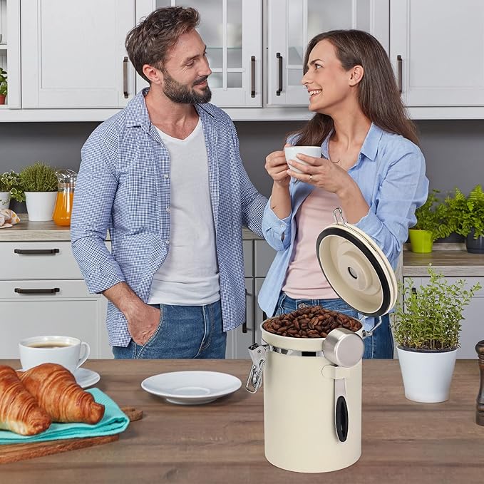 ShanSon Coffee Canister Airtight Coffee Container Stainless Steel Coffee Bean Storage Container with Scoop Coffee Canister for Beans Grounds Sugar Flour Tea Cereal,22OZ, Beige-Ruum Studio Home