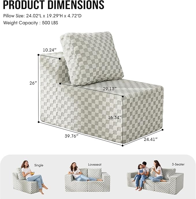 Single Sofa 1 Seat Couch with Deep Seat Memory Foam Cloud Chair with Pillows Large Sofa with L Shape for Living Room Bedroom (Plush GREYOLIVE, Single)-Ruum Studio Home
