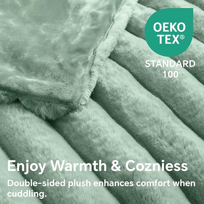 BEDELITE Faux Rabbit Fur Blanket, Luxurious 3D Striped Spring Blanket for Decor & Gift, Soft and Warm Plush Fluffy Faux Fur Throw Blanket All Seasons Suitable, (Sage Green, 60"x 80")-Ruum Studio Home