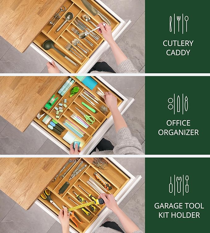 ROYAL CRAFT WOOD Luxury Bamboo Kitchen Drawer Organizer - Silverware Organizer, Utensil Holder & Cutlery Tray Drawer Dividers for Flatware (9 Slot, Natural)-Ruum Studio Home