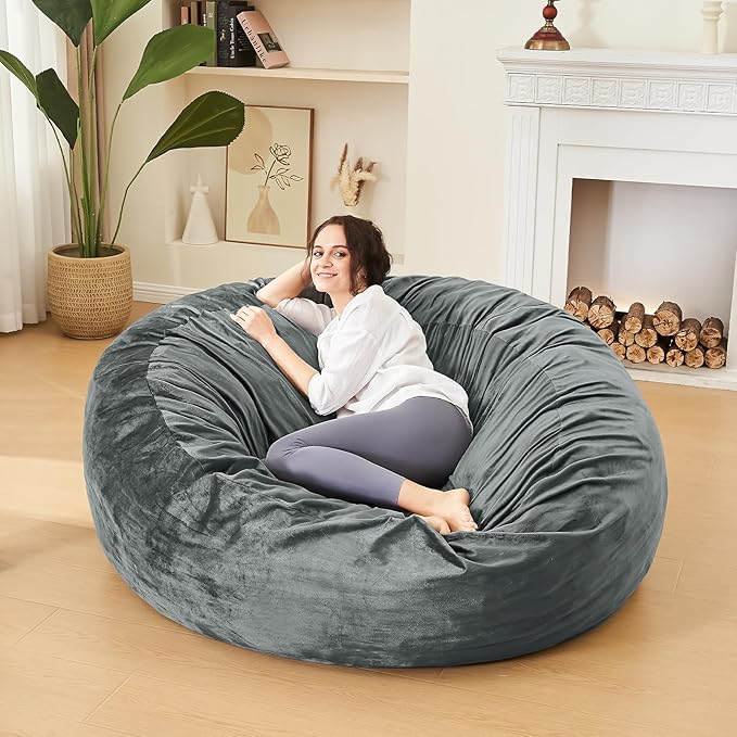 Bean Bag Chairs for Adults - Memory Foam Furniture BeanBag Chair - Kids/Teens Sofa with Soft Micro Fiber Cover - Round Fluffy Couch for Living Room Bedroom College Dorm - 5 ft, Grey-Ruum Studio Home