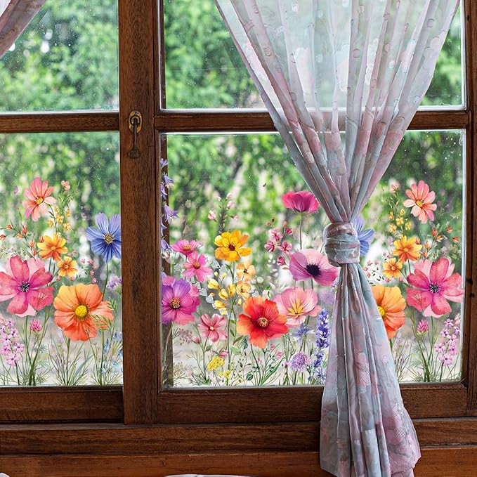 Colorful Flower Garden Window Clings, Wildflower Grass Lily Peony Poppy Floral Window Decals-Ruum Studio Home