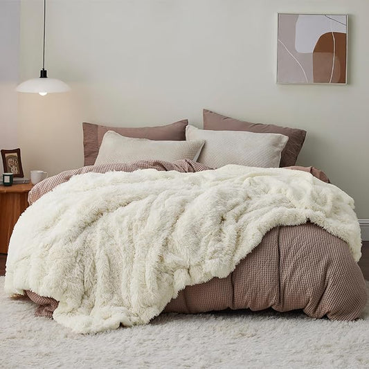 Bedsure GentleSoft Fluffy Cream Blankets Queen Size for Bed, Thick Sherpa Faux Fur Fleece Fuzzy Plush Winter Warm Heavy Soft Full Queen Blankets, Bedroom Decor Cream Gifts Cozy Gifts for Women, 90x90-Ruum Studio Home
