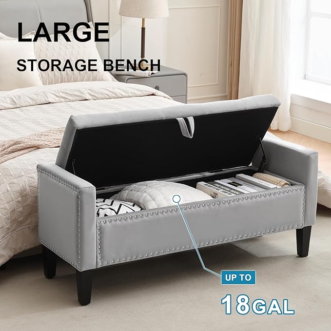 Storage Ottoman Bench, Velvet Upholstered Footstool for Bedroom and Living Room, Tufted Seat with Storage, Wooden Legs & Metal Rivets, Grey-Ruum Studio Home