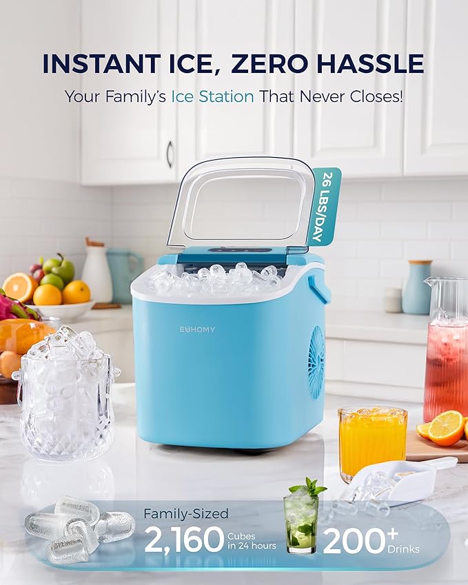 EUHOMY Countertop Ice Maker Machine with Handle, 26lbs Per Day, 9 Ice Cubes Ready in 6 Mins, Auto-Cleaning Portable Ice Maker with Basket and Scoop, for Home/Kitchen/Camping/RV (Blue)-Ruum Studio Home