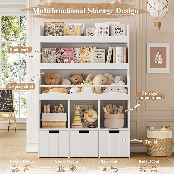 HITHOS 55.3" H Kids Bookshelf with Toy Storage Organizer, Tall Book Shelf with 3 Movable Toy Storage Bins, Large Kids Bookcase with Toy Chest, 39.2" W Modern Toy Box for Kid Room, Playroom, White-Ruum Studio Home