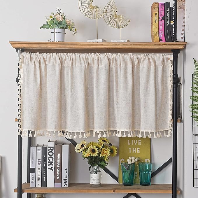 Sutuo Home Boho Sheer Curtain Valance Cotton Linen with Bohemian Handmade Tassels, Short French Farmhouse Window Treatment for Kitchen Cafe, Rod Pocket, 1 Panel 59" W x 18" L, Natural-Ruum Studio Home