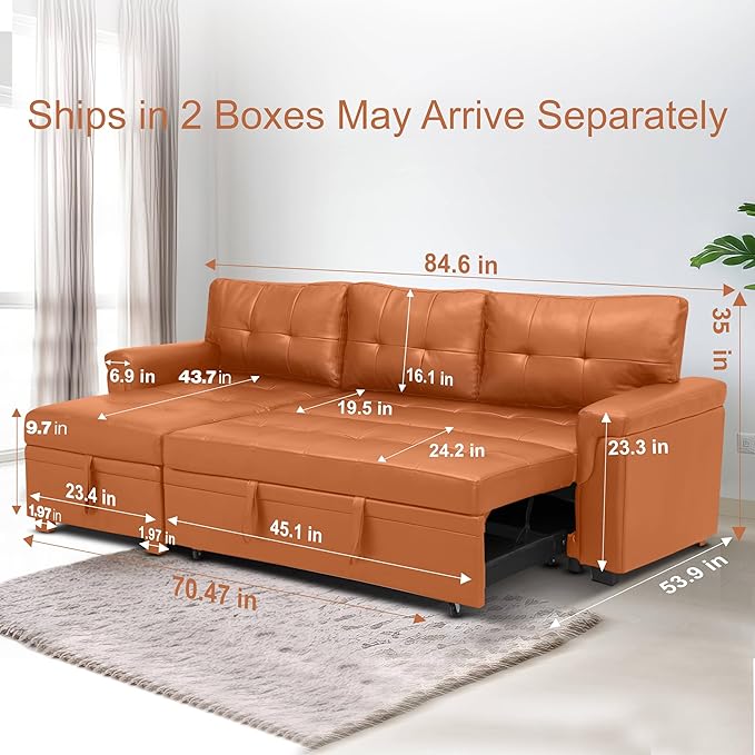 Naomi Home Transform Any Space: Sleeper Sectional Sofa with Convertible Sofa Bed & Inviting Chaise. Find Tranquil Comfort with Stress-Relieving Design & Durable Cushions - Caramel,Air Leather-Ruum Studio Home