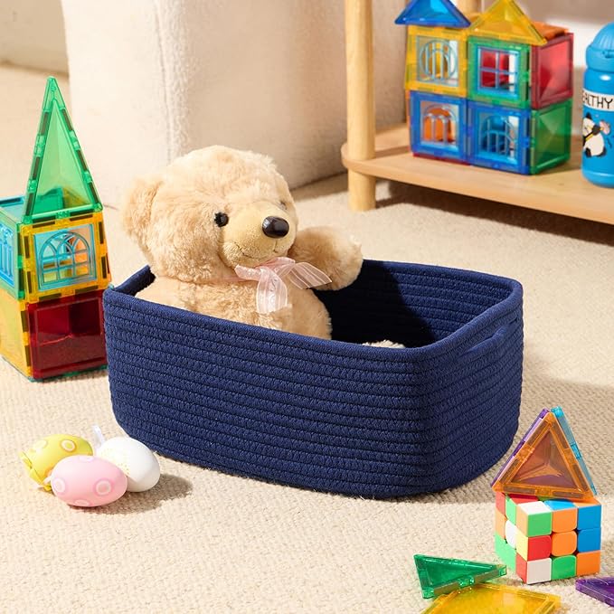 Small Storage Baskets for Organizing | Closet Organizer Bins | Shelf Toy Basket | Woven Rope Baskets | Cube Decorative Box | Shallow Basket | 13x8.5x5.1” | 3 Packs Navy Blue-Ruum Studio Home