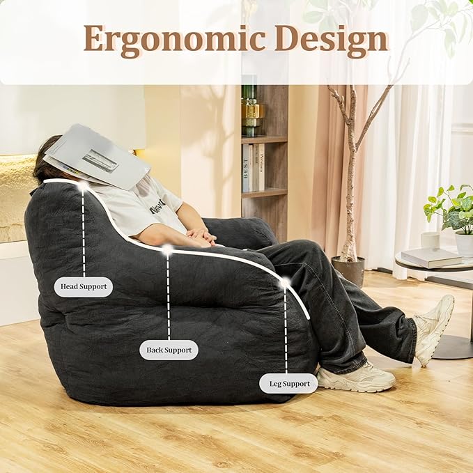 Bean Bag Chair, Bean Bag Chair for Adults, Fluffy and Comfy Bean Bag with Filler, Bean Bag Sofa Chair for Reading, Gaming, Stuffed High-Density Foam, Grey-Ruum Studio Home