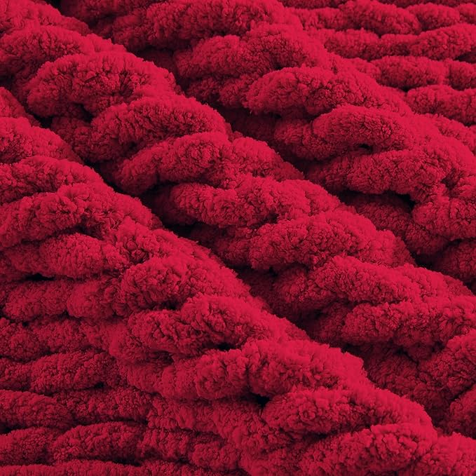Carriediosa Chunky Knit Throw Blanket 50" X 60", 100% Hand Made Large Chenille Loop Yarn Soft Fluffy Throws for Couch Sofa Bed, Big Crochet Cozy Heavy Thick Cable Woven Blankets, Red-Ruum Studio Home