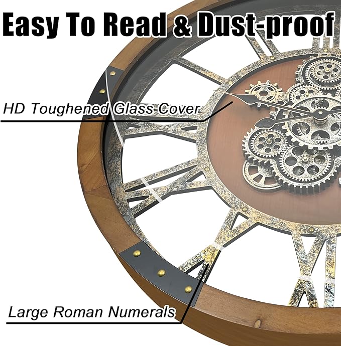DORBOKER 24" Original Moving Gears Wall Clock, Large Industrial Wall Clock for Living Room Decor, Retro Wood Vintage Farmhouse Steampunk Rustic Clocks for Wall Decor,Brown Nanmu-Ruum Studio Home