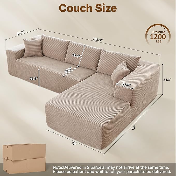 104" Cloud Sectional Couches for Living Room,L Shaped Boneless Couch in A Box,Sleeper Sofa with Comfy Chaise No Assembly Required,Camel-Ruum Studio Home