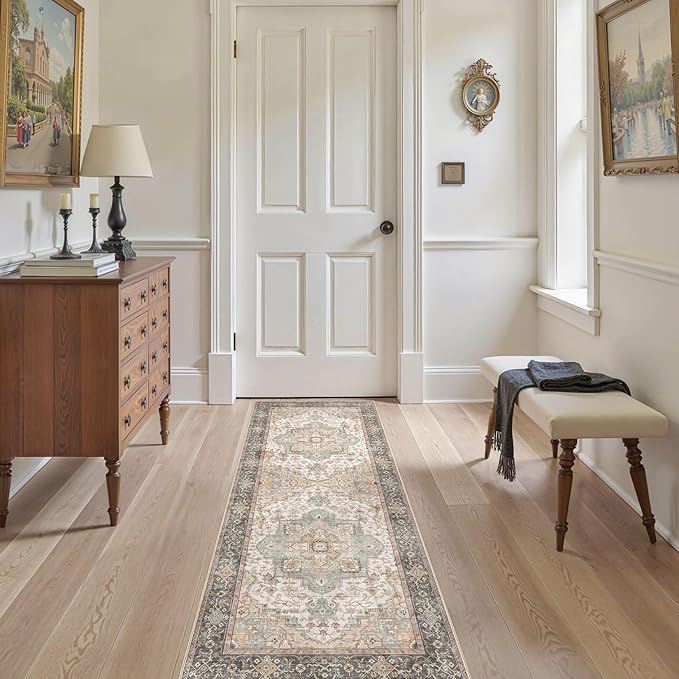 Washable 2x6 Runner Rug - Area Rugs Neutral Vintage Distressed Floral Farmhouse Boho Large Soft Floor Rug Indoor Carpet for Hallway Entryway Bedroom Kitchen - Forest Green Orange-Ruum Studio Home