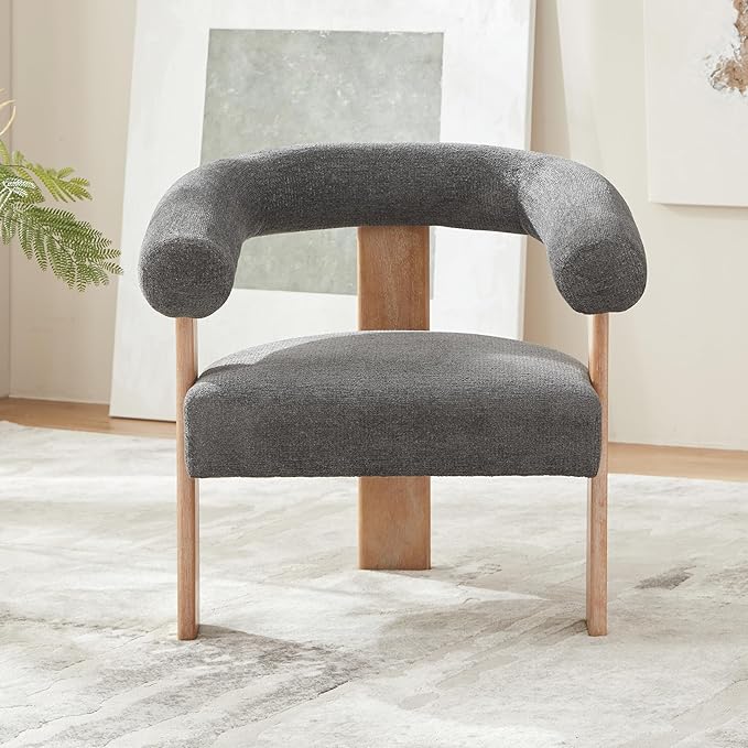 VKNOW Accent Chair Living Room Chair, Modern Upholstered Armchair with Solid Wood Legs, Comfy Barrel Arm Chairs for Living Room Bedroom, Dark Grey-Ruum Studio Home