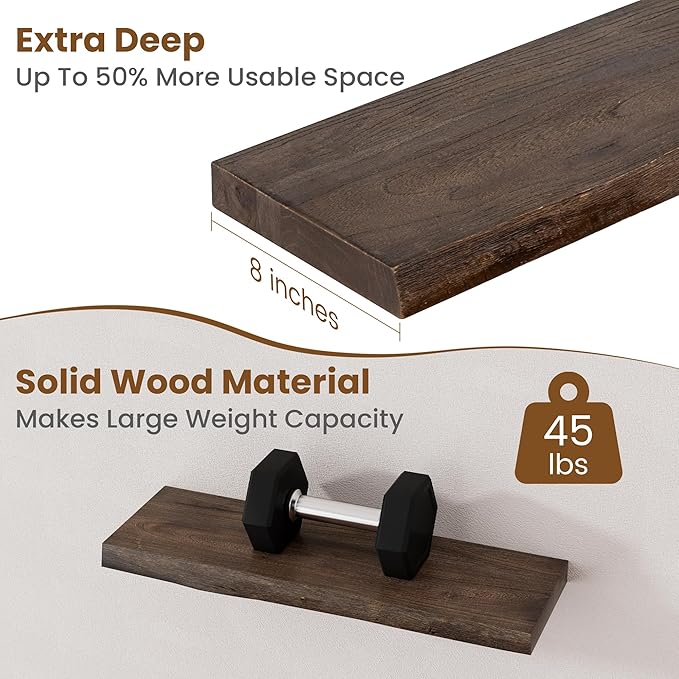 Floating Shelves for Wall Decor, Rustic Solid Elm Wood Live Edge Floating Shelves Wall Mounted, Wall Shelves with Invisible Bracket for Living Room Bathroom Bedroom Kitchen, 24 Inch Set of 2, Walnut-Ruum Studio Home