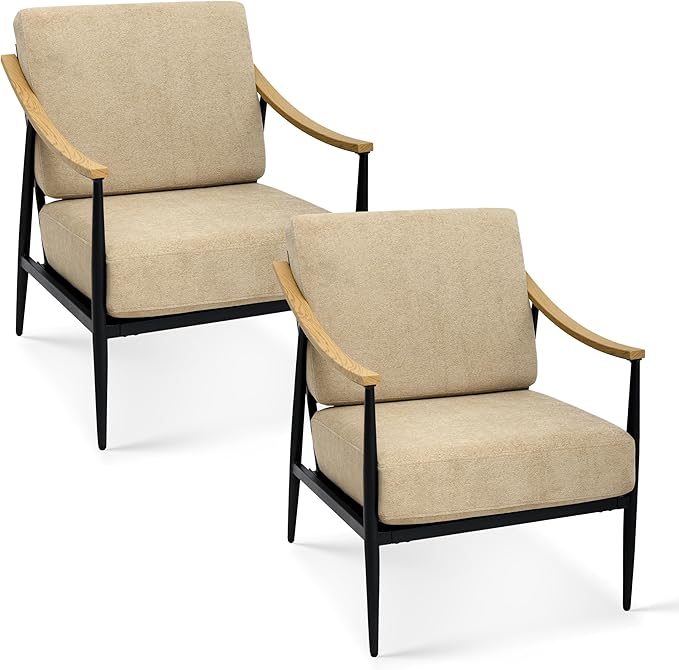 Modern Accent Chairs Set of 2 for Living Room Bedroom Mid Century Arm Chairs Upholstered Office Accent Chairs Comfy Waiting Room Chairs with Metal Frame, Khaki-Ruum Studio Home