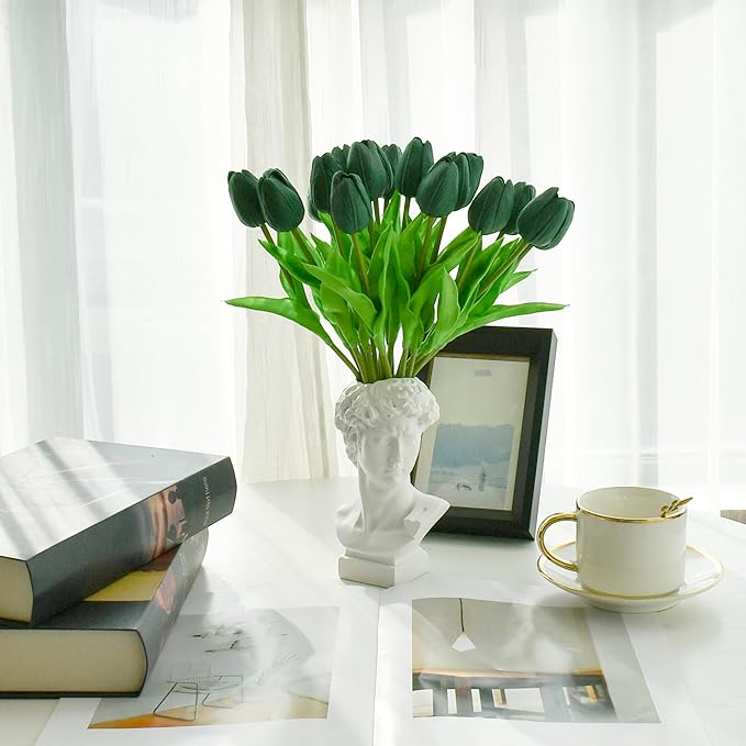 Mandy's Artificial Tulips 20 Stems Dark Green PU Faux Flowers for Wedding Home Decor 13.5 Inch-Ruum Studio Home