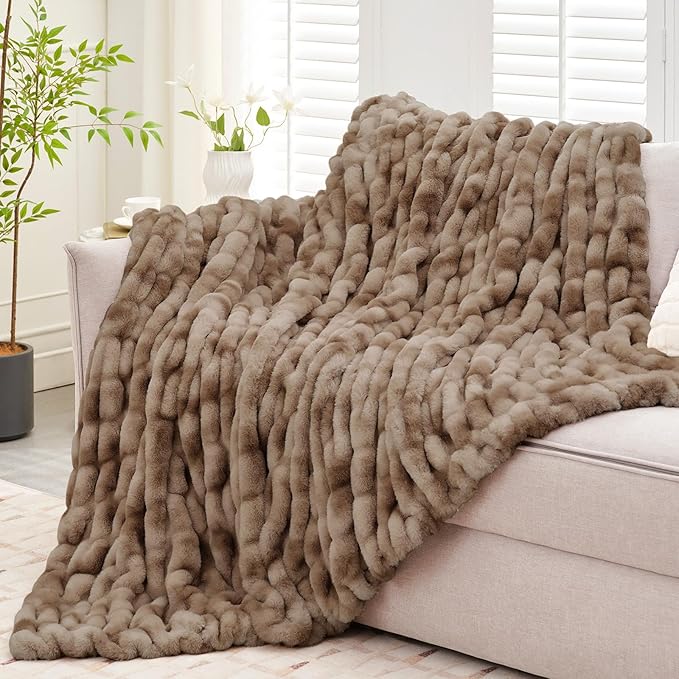 Ultra Soft Luxury Faux Fur Twin Blanket for Counch,Fuzzy Fluffy Plush Warm Cozy Elegant Wrinkled Blanket for Sofa Bedroom Living Room,（60"x80",Tie-dye Coffee）-Ruum Studio Home