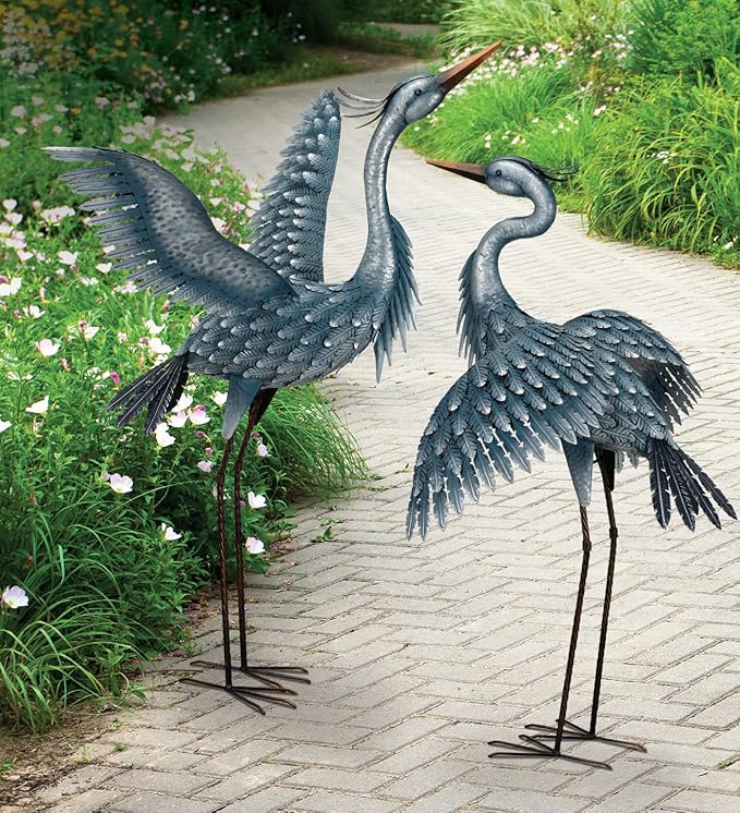 Regal Art & Gift Outdoor Garden Décor, Unique Bird Sculpture, Rustic Metal Bird Statues, Garden Ornaments, Bird Figurine for Lawn, Decorative Sculpture, Heron, Blue, Wings Down, 41"height-Ruum Studio Home