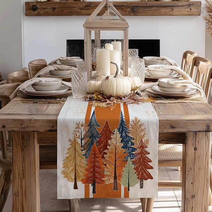 GEEORY Fall Watercolor Trees & Maple Leaves Striped Table Runner 13x90 Inch, Rustic Farmhouse Autumn Thanksgiving Decor for Kitchen, Dining, Indoor/Outdoor Holiday Dinner Party Orange GT157-90-Ruum Studio Home