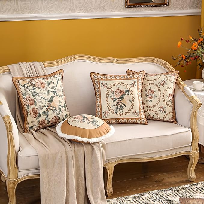 patdrea Designer Vintage Floral Throw Pillow Covers for Couch Set of 4,Brown Yellow Linen Pillowcases with Bird and Rose Pattern Decorative Cushion Cover for Bedroom Living Room Outdoor Car Cafe-Ruum Studio Home