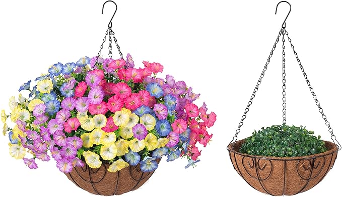 Artificial Faux Hanging Plants Flowers Basket for Outdoors Spring Summer Decoration, Silk Morning Glory Eucalyptus Look Real UV Resistant Fake Flowers for Porch Outside Patio Balcony Yard Home Garden-Ruum Studio Home