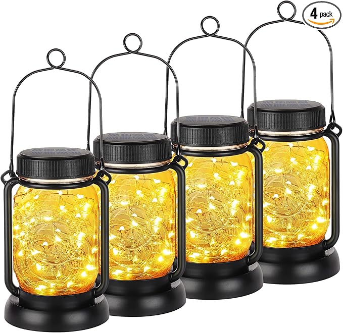 Mlambert 4 Pack Solar Hanging Lantern with Stakes, Outdoor Waterproof Solar Mason Jar Fairy String Lights Decorative Vintage Glass Lamp-Warm White-Ruum Studio Home