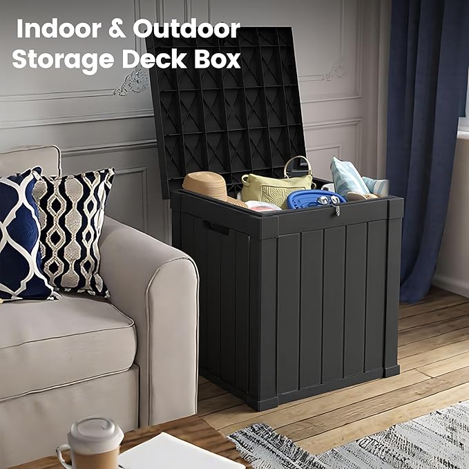 50 Gallon Storage Box, Waterproof Deck Box for Indoor & Outdoor Use, Lockable Pool Storage Bin for Package Delivery, Outdoor Bench for Patio Cushions, Garden Tools, Backyard, Black-Ruum Studio Home