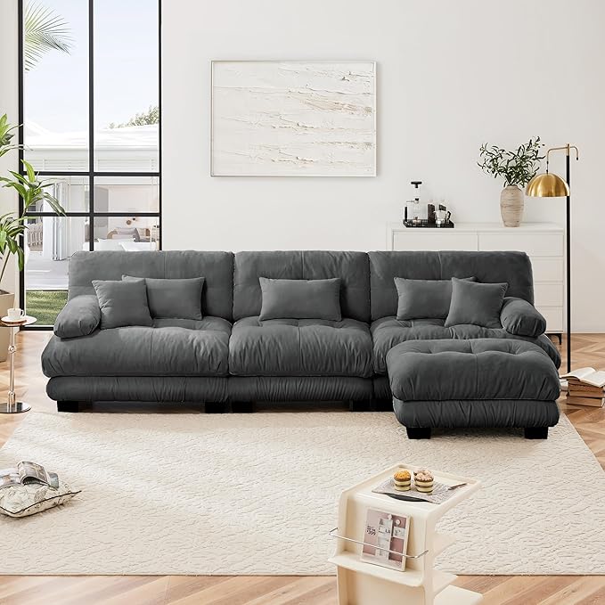 L Shaped Couch Sectional Couch, 3-Seater Cloud Couch Sectional Oversized Couch, Sofa Bed Couch with Round Bolster Armrests 5 Pillows, Modular Couch Home Sofa Living Room Couch(Gray)-Ruum Studio Home