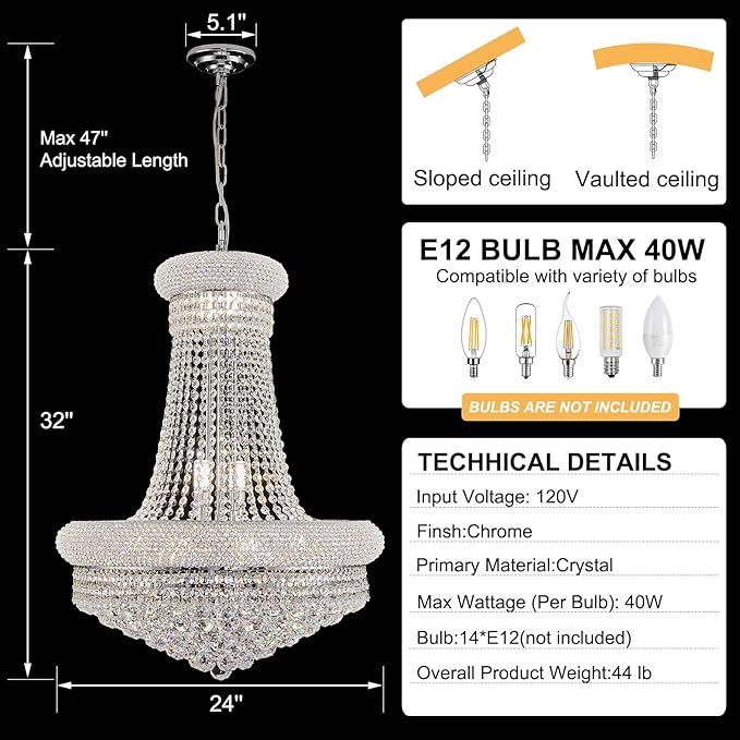 14 - Light Unique Empire Crystal Chandelier with Adjustable Chain for High Ceiling Foyer Entryway Living Room Dining Room Bedroom Chrome Finish-Ruum Studio Home