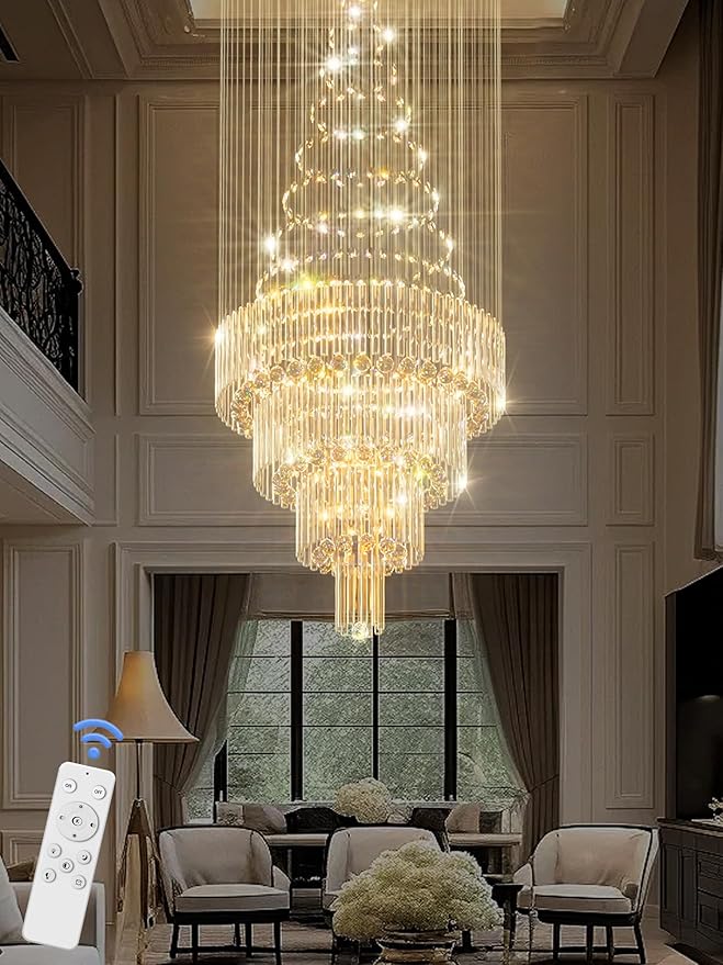 D32''X H100'' Large Crystal Chandelier Lighting, Modern LED Round Raindrop Flush Mount Ceiling Light Fixture for Hotel Staircase Hallway Modern Crystal Chandelier Suitable for Sloping Ceiling-Ruum Studio Home
