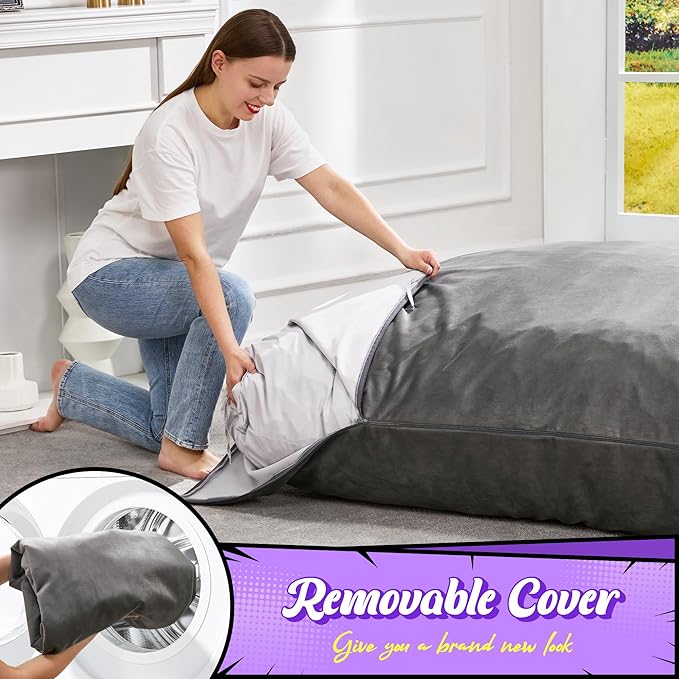 Hobestluk 3 in 1 Bean Bag Chair Giant Bean Bag Chairs for Adults with Velvet Cover Convertible Bean Bag Floor Cushion with Machine Washable Cover for Living Room (Velvet Grey)-Ruum Studio Home