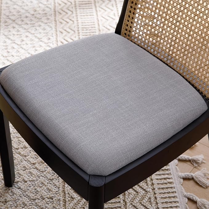 Mid Century Dining Chairs Set of 4, Accent Rattan Side Chairs Linen Fabric Kitchen Chair with Solid Wooden Legs for Living Room Dining Room, Grey-Ruum Studio Home