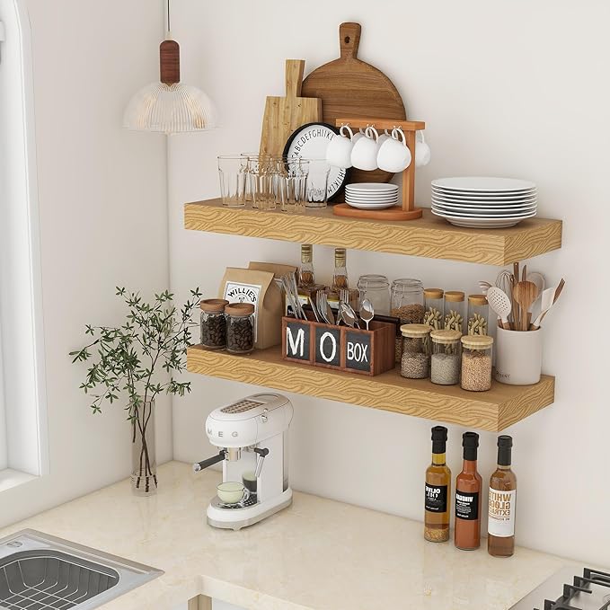 Deep Floating Shelves for Wall, 35.4W x 11.6D Rustic Large Wall Shelves Set of 2, 11.6 Inch Deep Oak Shelves 35.4 Inches Long, Bookshelf Laundry Shelf TV Shelf-Ruum Studio Home
