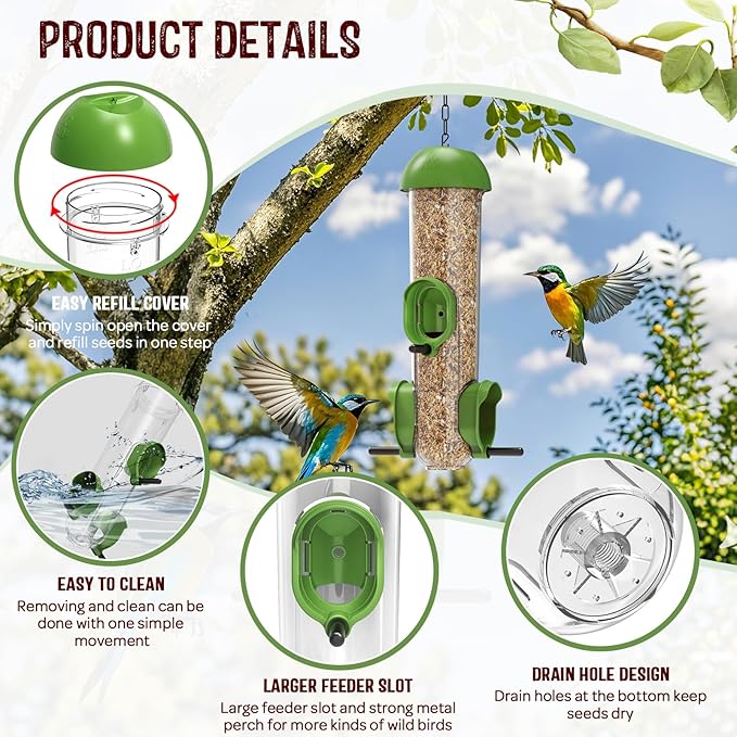 LONA Bird Feeders for Outdoors, Tube Feeder Weatherproof with Multiple Hanging Methods, Wild Bird Feeding Silo for Outside, 3 Port-Ruum Studio Home
