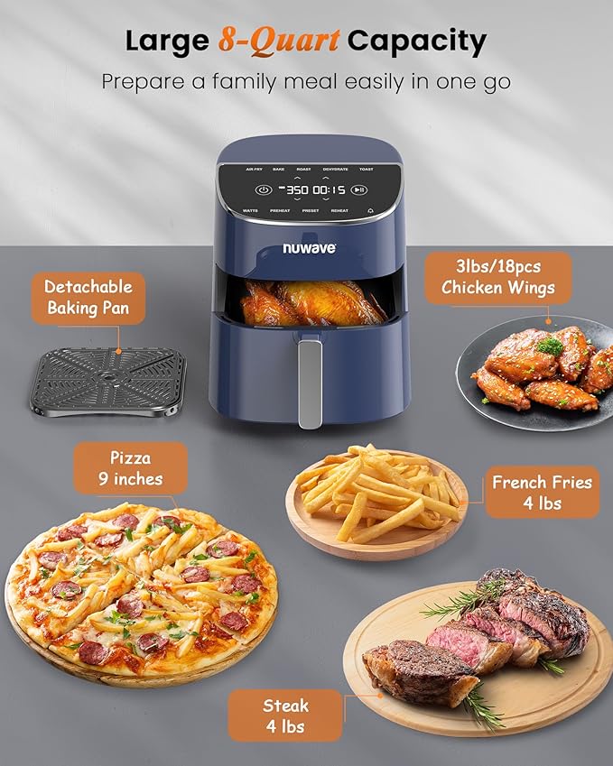 Nuwave Brio Plus Air Fryer 8 Qt, New & Improved, PFAS-FREE, 7 Digital One-Touch Cook Functions that AIR FRY, BAKE, ROAST, DEHYDRATE, TOAST, REHEAT, PREHEAT, 150 Presets, 50°F~400°F (Deep Blue)-Ruum Studio Home