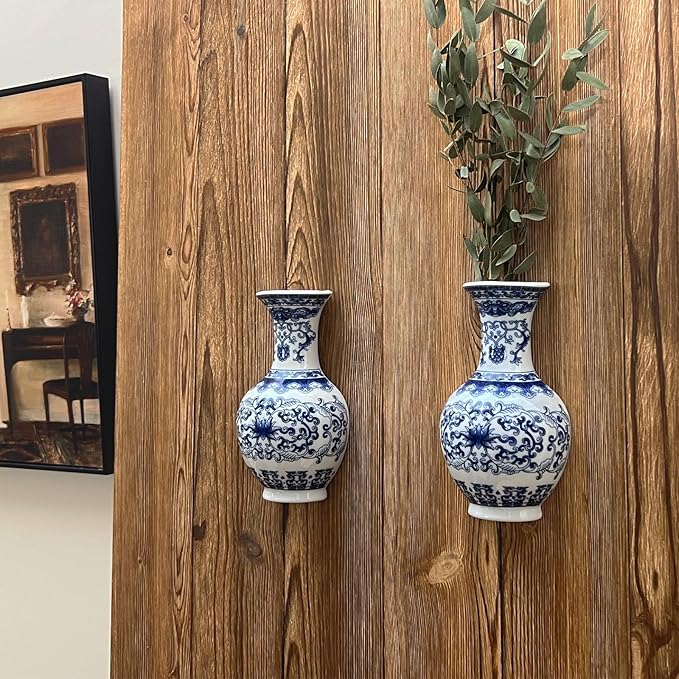 Set of Two Blue and White Porcelain Wall Vases for Flowers – Handmade Chinoiserie Ceramic Wall Mounted Flower Vase, Decorative Hanging Vases for Living Room, Bookshelf & Indoor Décor-Ruum Studio Home